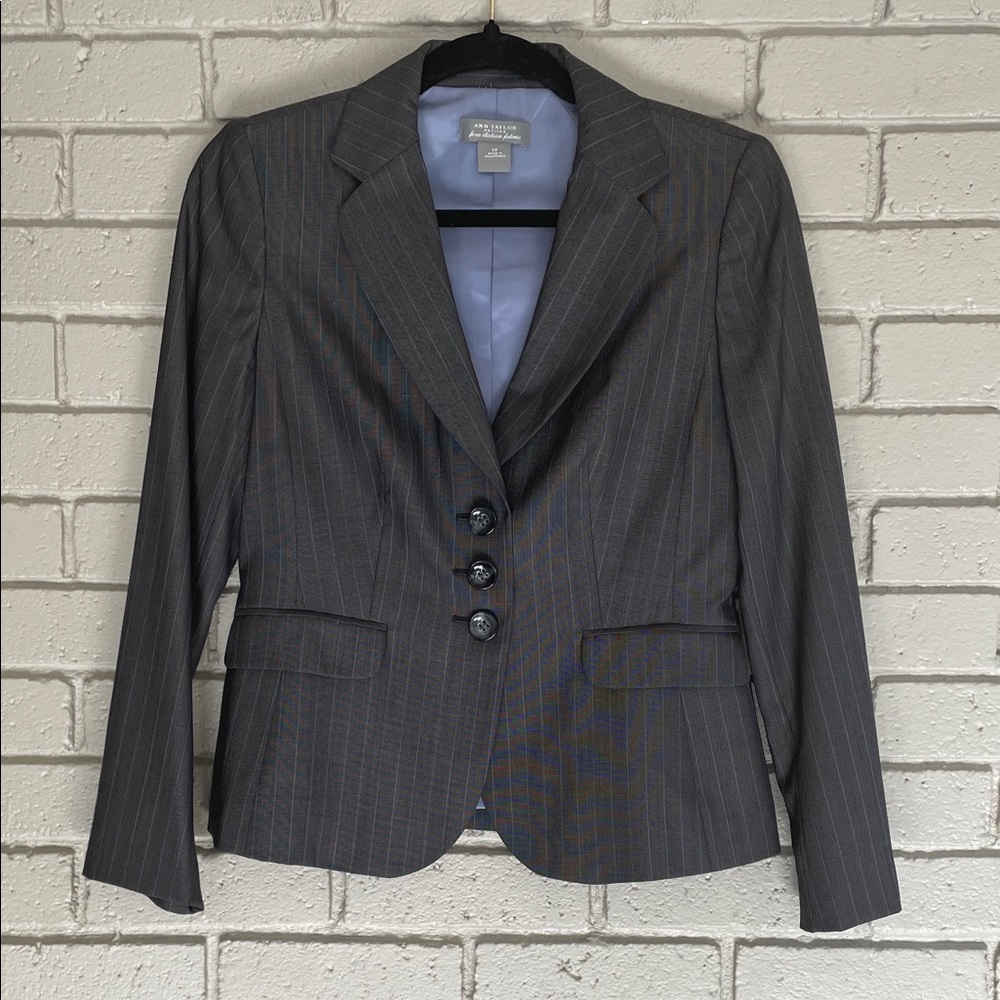 Ann Taylor Classic Gray and Blue Pinstripe Italian Fabric Blazer